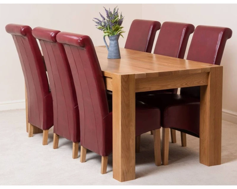 Image of Thats Furniture Kuba 180 x 90cm Chunky Oak Dining Table & 6 Montana Leather Chairs in Red Red Unisex 180 x 90 cm