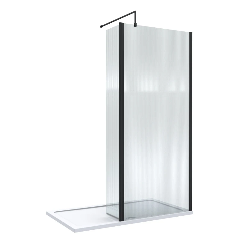 Image of Balterley 8mm Fluted Glass Wetroom Screen & Return Black & Tray 1400 x 900mm Black Unisex