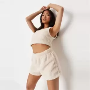 Image of Missguided Fluffy Scoop Neck Crop Short Lounge Set - Cream