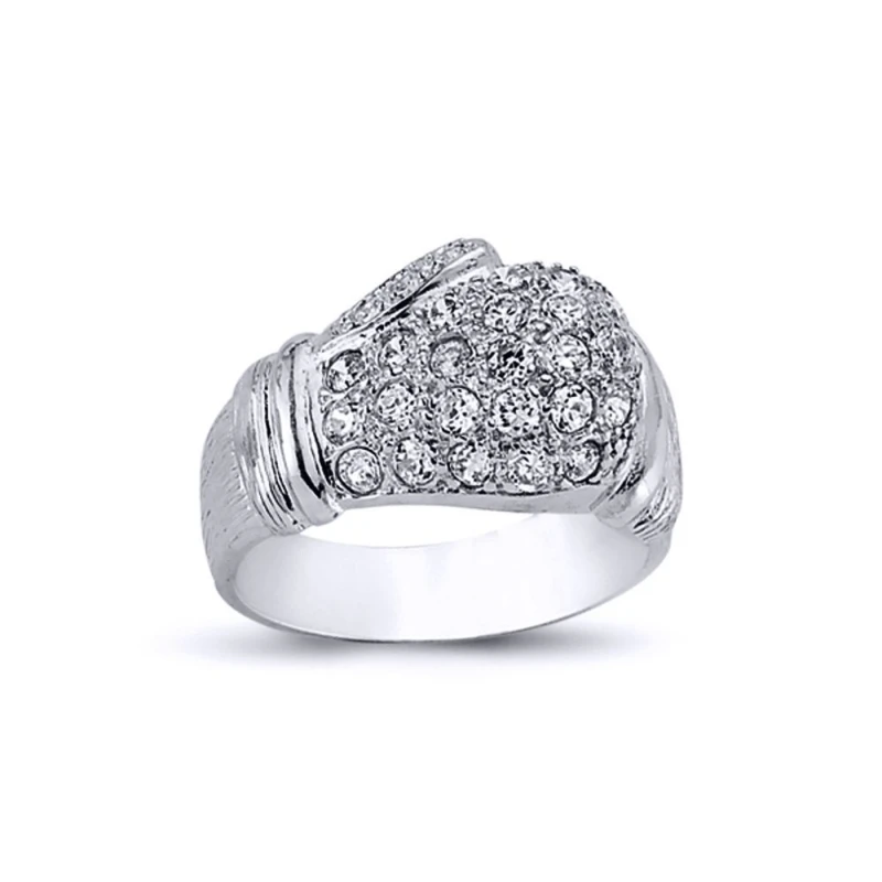 Image of Jewelco London Mens Rhodium Plated Silver Round CZ Boxing Glove Charm Ring 14mm - ARN097 Silver