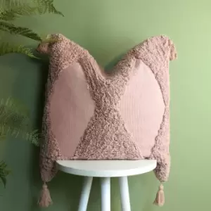 Image of Kantha Tufted 100% Cotton Tasselled Cushion Cover, Blush, 50 x 50 Cm - Furn