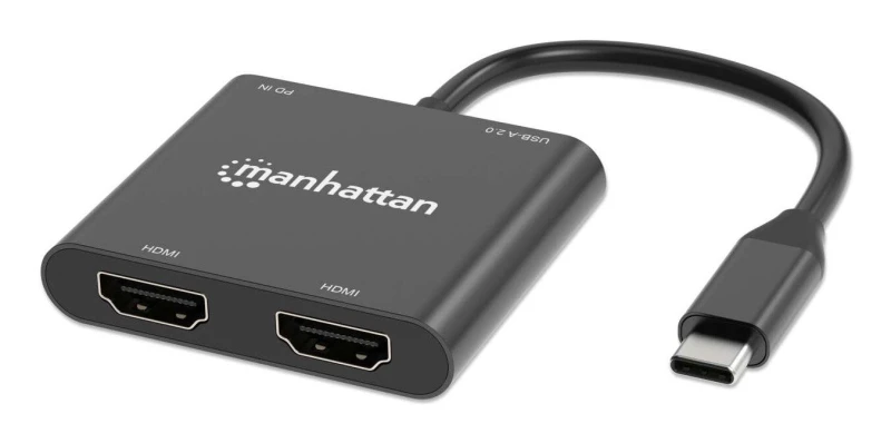 Image of Manhattan Manhattan USB-C to Dual HDMI & USB-A Adapter, Dual 4K@30Hz or Single 4K@60Hz, Power Delivery 100W, 480 Mbps (USB 2.0), Cable 15cm, Black, Ma