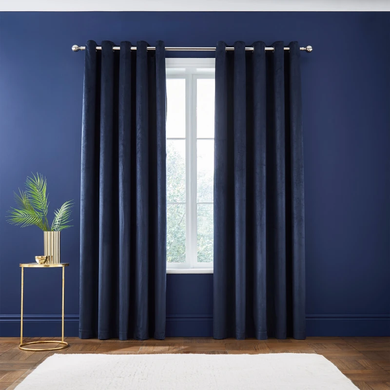 Image of Catherine Lansfield Kingsley Matt Velvet Lined Eyelet Curtains Curtains 66x90" Blue 42183518000
