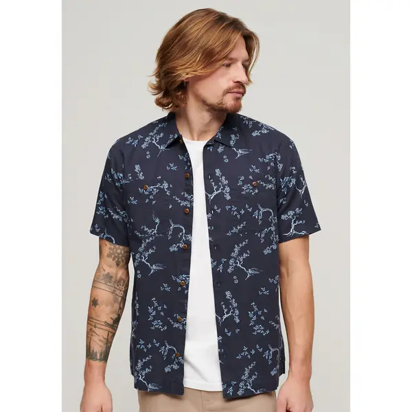 Image of Floral Print Shirt in Cotton/Linen with Short Sleeves