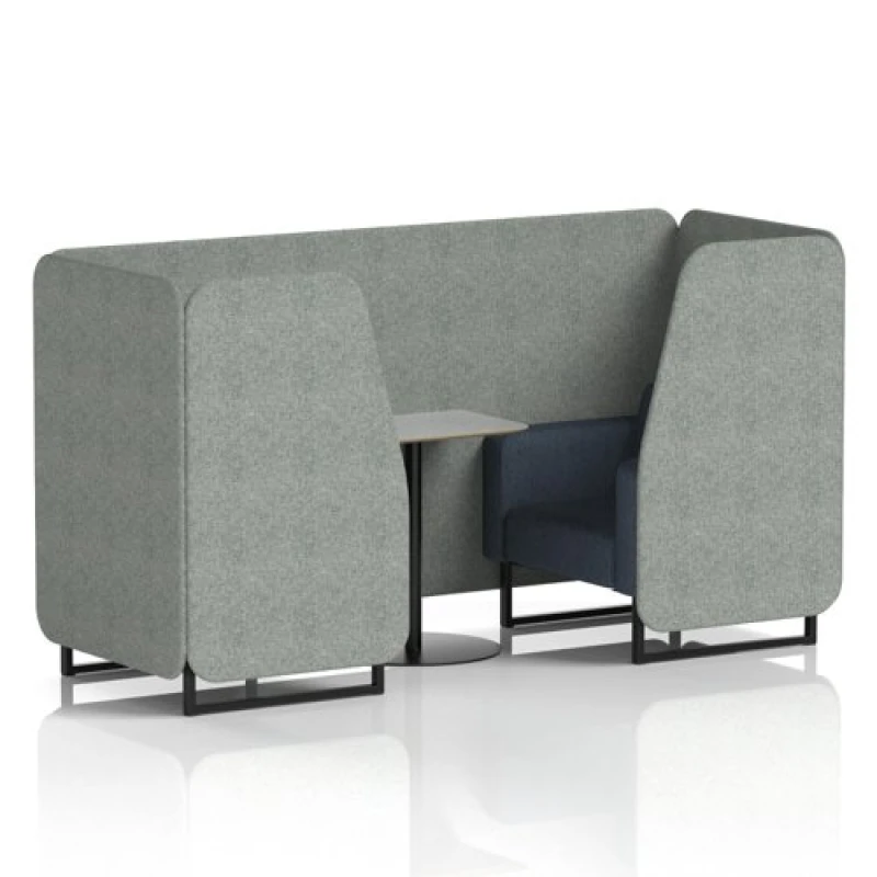 Image of Brixworth 2 Seater Office Booth with Front Panel - Black Legs and Grey Table with Black Leg in Rivet Fabric - Prime Panels and Crucible Sofa