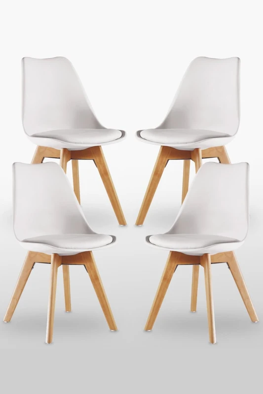 Image of Life Interiors Life Interiors Set of 4 'Tulip Dining Chairs' Leather Padded Seat Solid Wood Legs in White White One Size Unisex 5060847955548
