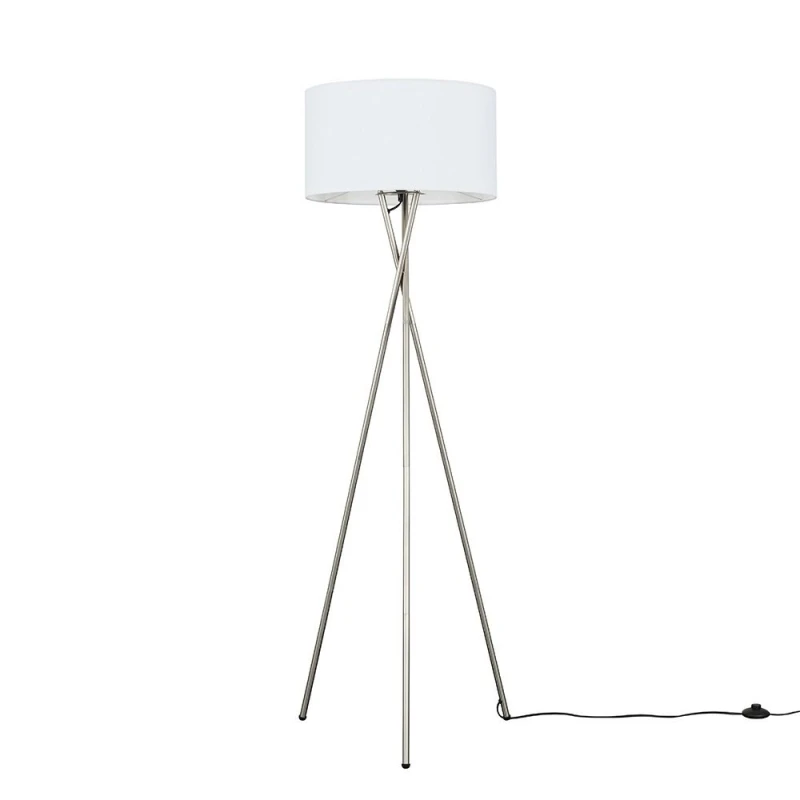 Image of ValueLights ValueLights Camden Brushed Chrome Tripod Floor Lamp with Drum Lamp Shade and Bulb in White White One Size Unisex 5055759992873