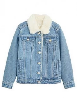 Image of Mango Girls Borg Collar Denim Jacket - Light Wash