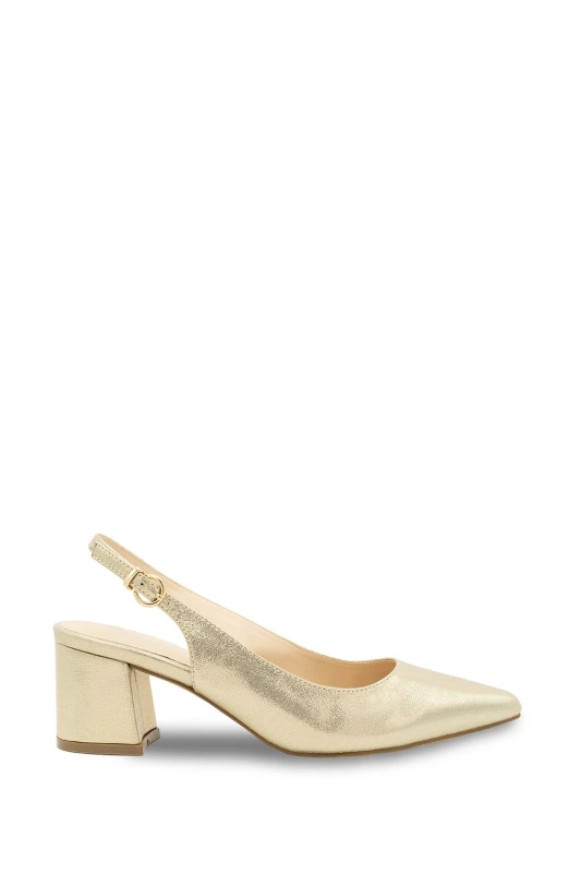 Image of Paradox London Wide Fit Shimmer 'Flynn' Mid Block Heel Sling Back Court Shoe Gold