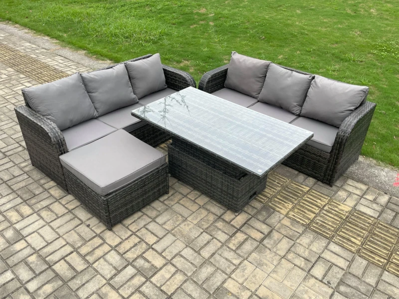 Image of Fimous Outdoor Rattan Garden Furniture Sets Height Adjustable Rising lifting Dining Table Sofa Set with Big Footstool Dark Grey