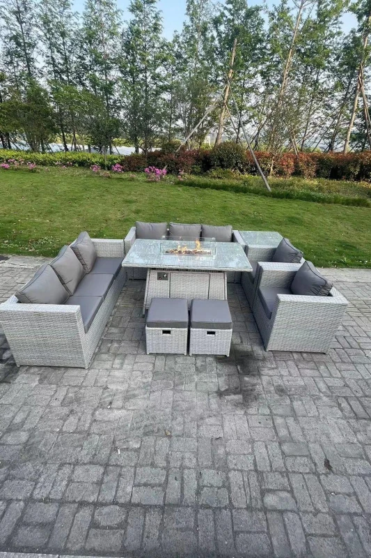 Image of Fimous Rattan Fire Pit Garden Furniture Set Gas Heater Burner Lounge Sofa Dining Set Coffee Table Chairs Light Grey