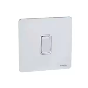 Image of Schneider Electric Ultimate Screwless Flat Plate - Single Rocker 2 Way Light Switch, Single Pole, 16AX, GU1412WPC, Polished Chrome with White Insert