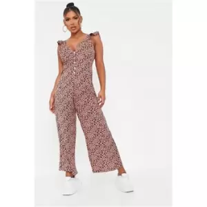 Image of I Saw It First Peach Floral Woven Button Frill Strap Culotte Jumpsuit - Orange