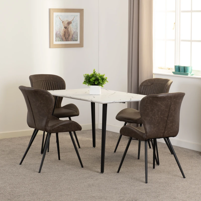 Image of Seconique Marlow & Quebec Dining Set (x4 Chairs) - White Marble/Brown Pu, White 400-401-333