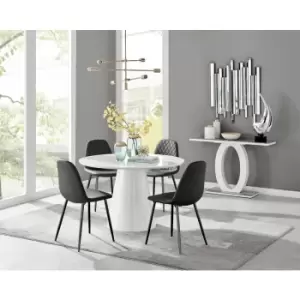 Image of Furniturebox Palma White High Gloss 4 Seat Minimalist Post Modern Round Dining Table & 4 Black Corona Faux Leather Dining Chairs with Black Legs