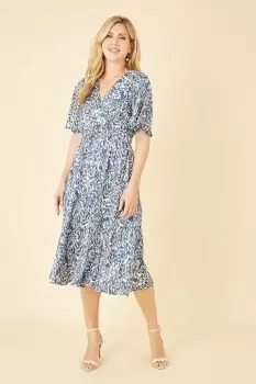 Image of Blue Animal Print Wrap Midi Skater Dress