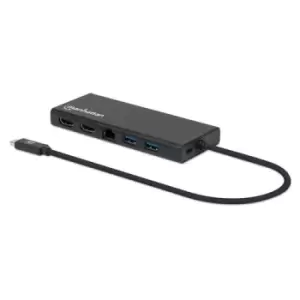 Image of Manhattan USB-C Dock/Hub Ports (x6): Ethernet HDMI (x2) USB-A (x2) and USB-C With Power Delivery to USB-C Port (60W) All Ports can be used at the same