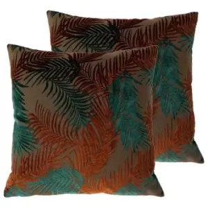 Image of Paoletti Palm Grove Twin Pack Polyester Filled Cushions Teal/Rust