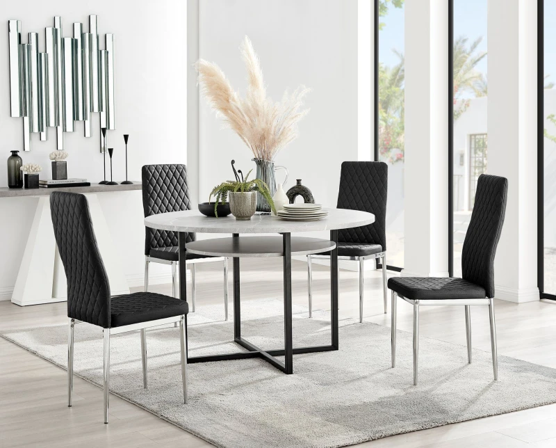 Image of FurnitureboxUK FurnitureboxUK Adley Grey Concrete Effect Round Dining Table & 4 Velvet Milan Chairs in Black One Size Unisex 5056657141776