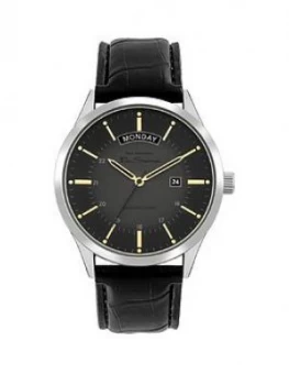 Image of Ben Sherman Grey and Gold Detail DayDate Dial Black Leather Strap Mens Watch, One Colour, Men