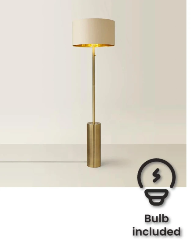 Image of ValueLights Lexy Beige and Gold Shade with Antique Brass Dimmable Floor Lamp & LED Bulb Beige