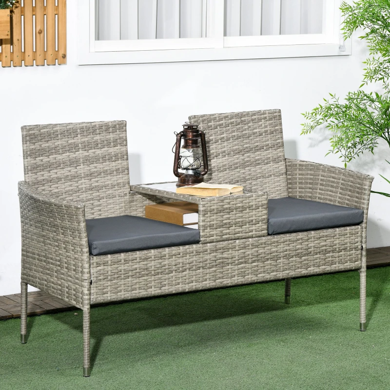 Image of OUTSUNNY Rattan Garden Bench w/ Glass Tea Table, Patio Wicker Chair w/ Cushions in Light Grey Light Grey Unisex