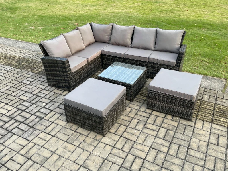 Image of Fimous Rattan Garden Furniture Set Outdoor Lounge Corner Sofa Set With Square Coffee Table 2 Big Footstool 8 Seater Dark Grey