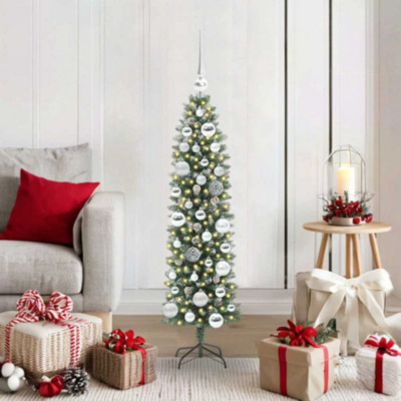 Image of vidaXL Artificial Slim Christmas Tree with Silver Balls Green and white 120 cm, Green 3395274