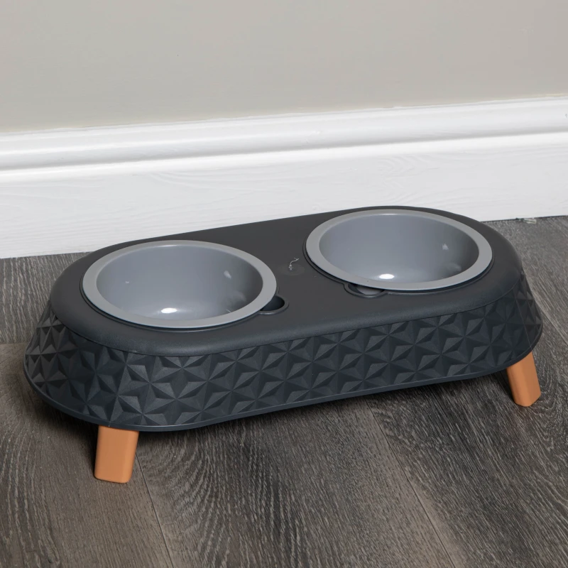Image of 16cm x 9cm Grey Plastic Raised Double Pet Bowl Feeding Station with Stand