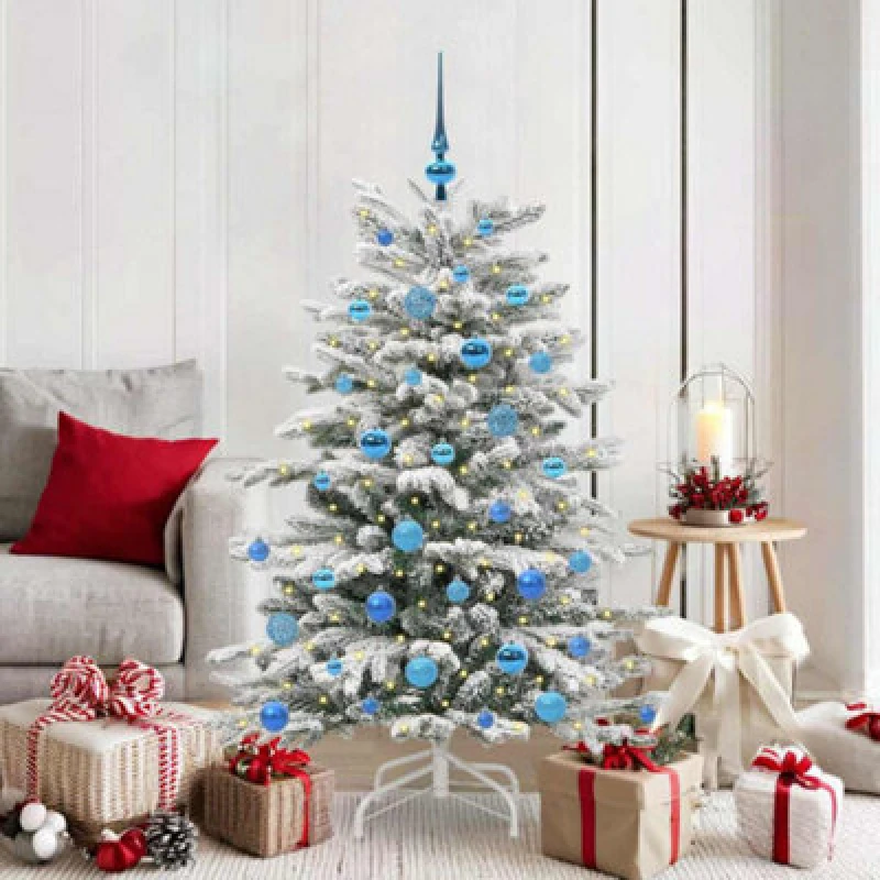 Image of vidaXL Artificial Hinged Christmas Tree with Blue Balls White 150cm PE and PVC, White 3395638