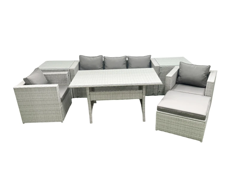 Image of Fimous Garden Dining Set Outdoor Rattan Furniture Set with Sofa Dining Table 2 Chairs Big Footstool 2 Side Tables Light Grey Mixed Light Grey