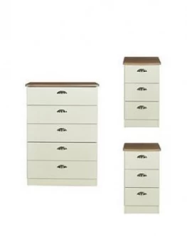Image of Swift Charlotte 3 Piece Ready Assembled Package - 5 Drawer Chest And 2 Bedside Chests