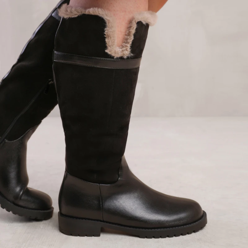 Image of Where's That From 'Wynter' Wide Calf Knee High Boots With Fur Trim And Lining Black