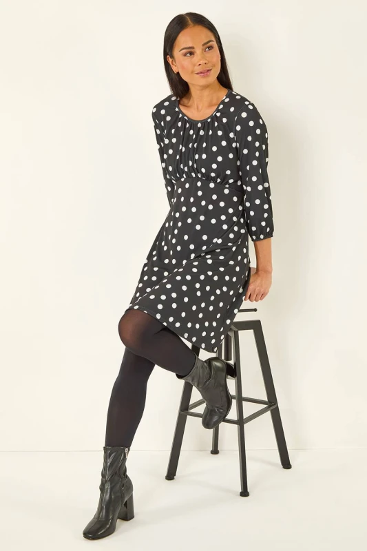 Image of Roman Womens Petite Polka Dot Gathered Stretch Dress in Black Size: 12 Black Female 12
