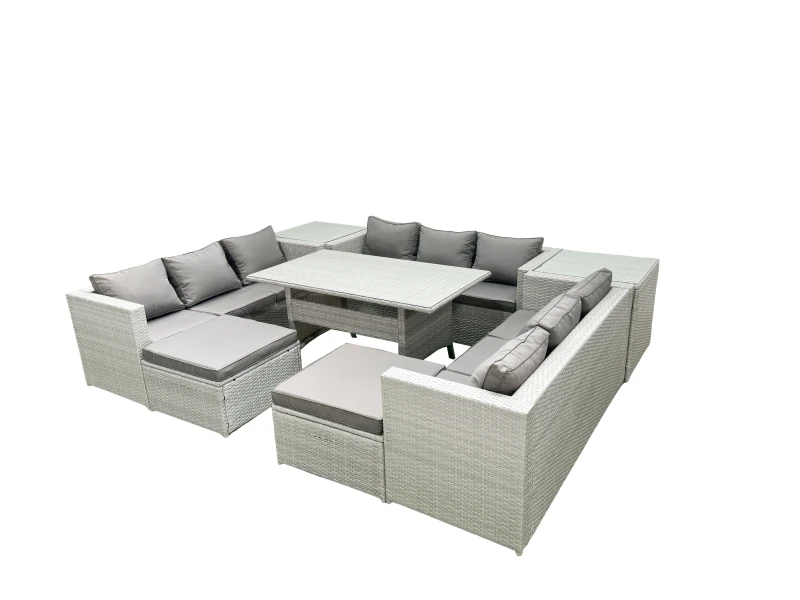 Image of Fimous Rattan Garden Outdoor Furniture Set 11 Seater Garden Sofa Rectangulr Dining Table Set with 2 Big Footstools 2 Side Tables Light Grey Mixed Ligh