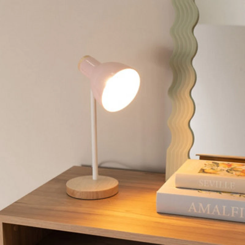 Image of ValueLights Woody Metal Dome Shade Wooden Base Desk Task Table Lamp Pink