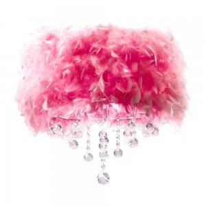 Image of Flush Ceiling with Pink Feather Shade 3 Light Polished Chrome, Crystal
