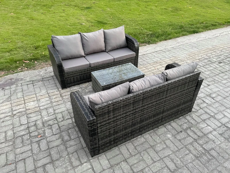 Image of Fimous Outdoor Garden Furniture Sets 6 Seater Wicker Rattan Furniture Sofa Sets with Rectangular Coffee Table 3 Seater Sofa Dark Grey