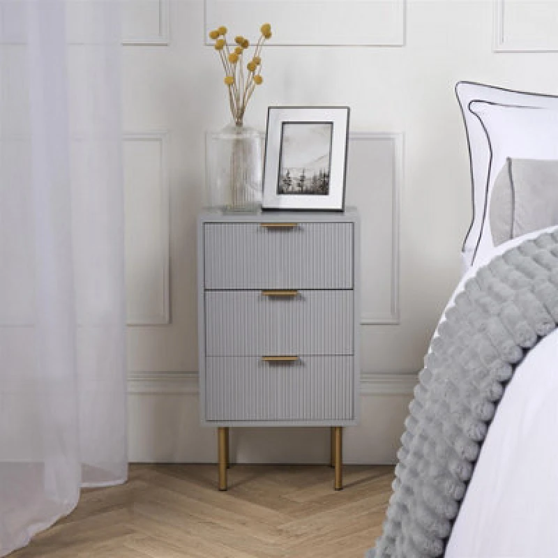 Image of OHS OHS Ribbed Bedside Table Modern Bedroom 3 Draw Office Nightstand in Light Grey Light Grey One Size Unisex 5027434212798