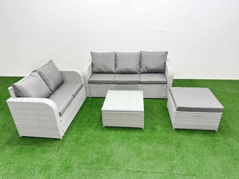Image of Fimous 6 Seater PE Rattan Wicker Garden Furniture Patio Conservatory Sofa Set with Square Coffee Table 3 Seater Sofa Love Sofa Big Footstool Light Gre