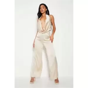 Image of I Saw It First Champagne Satin Extreme Plunge Drape Cowl Wide Leg Jumpsuit - Nude