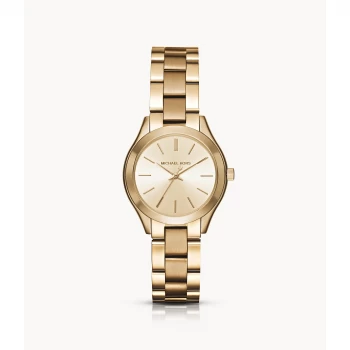 Image of Michael Kors Womens Mini Slim Runway Three-Hand Gold-Tone Stainless Steel Watch - Gold