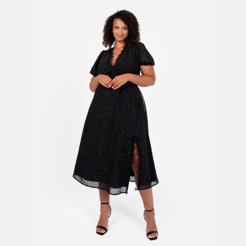 Image of Lovedrobe Lovedrobe Black Sparkly Glitter V Neck Midi Dress with Lace Trims Black female 10 (S)