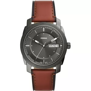 Image of Fossil Mens Machine Three-Hand Date Leather Watch - Brown