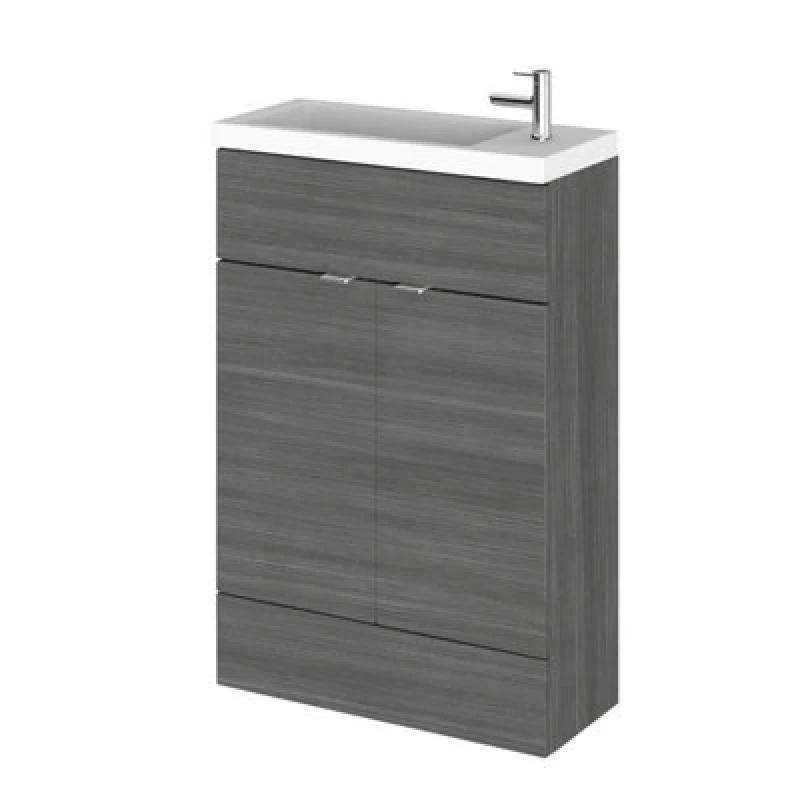 Image of Hudson Reed Fusion Floor Standing 2 Door Vanity Unit & Polymarble Basin Compact, Sink Vanity Unit, Anthracite Woodgrain, 600mm