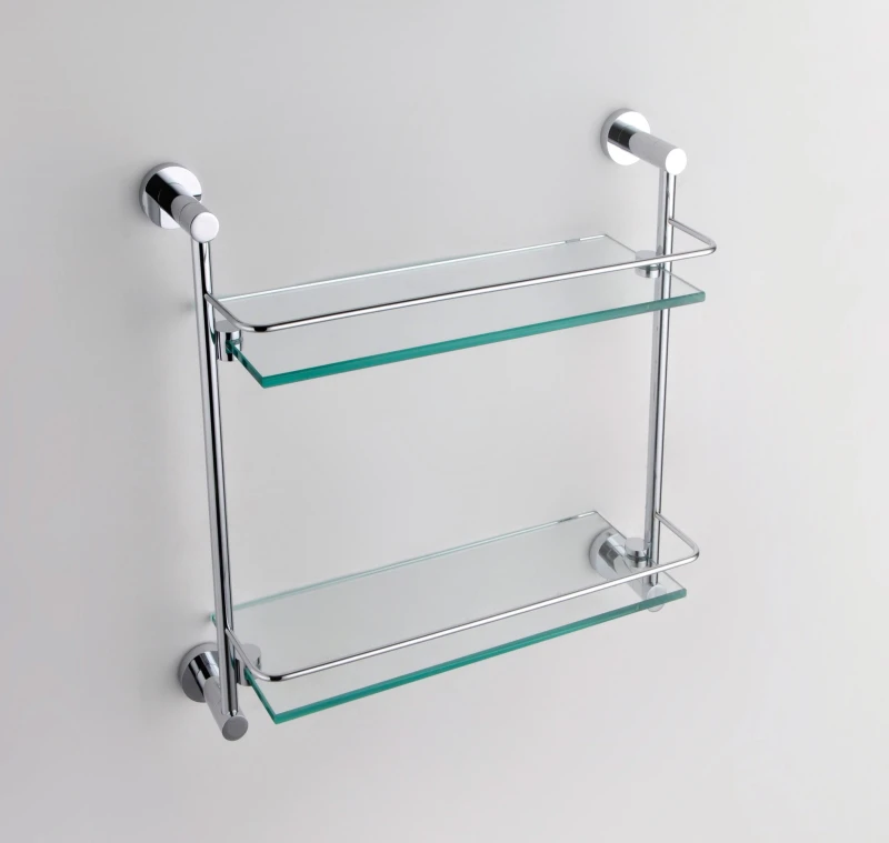 Image of Nes Home Modern Round Brass Double Glass Shelf in Metallic Silver Metallic Silver Unisex