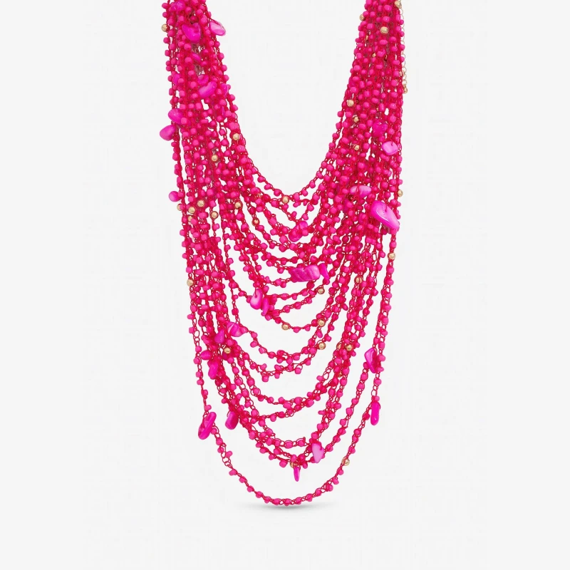 Image of Mood Pink Beaded Statement Multirow Necklace Gold female One Size