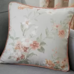 Image of Dreamsdrapes - Dreams & Drapes Jeannie Floral Print 100% Cotton Piped Edge Filled Cushion, Coral, 43 x 43 Cm