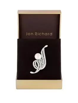 Image of Jon Richard Silver Plated Pearl And Crystal Swirl Brooch - Gift Boxed