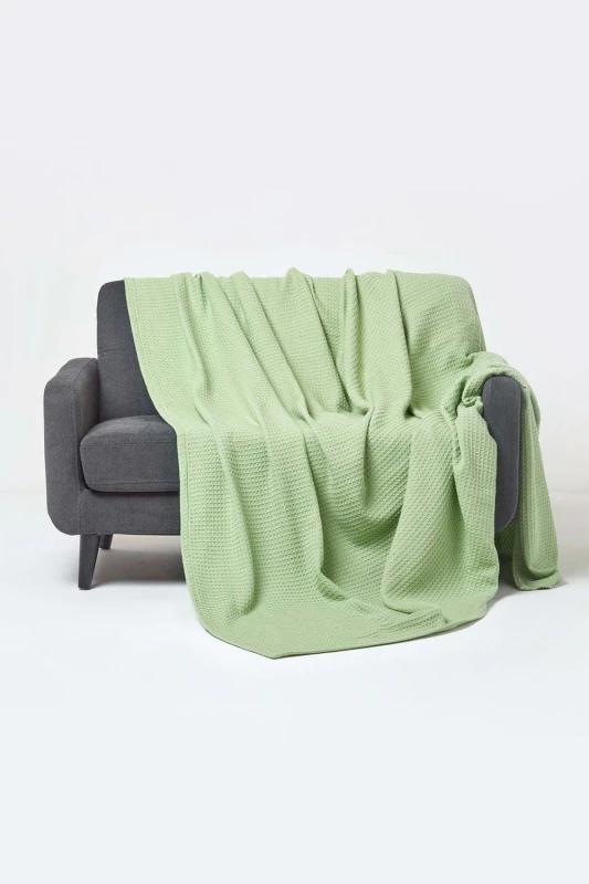 Image of Homescapes Organic Cotton Waffle Blanket/ Throw Sage Green, 250 X 230 Cm